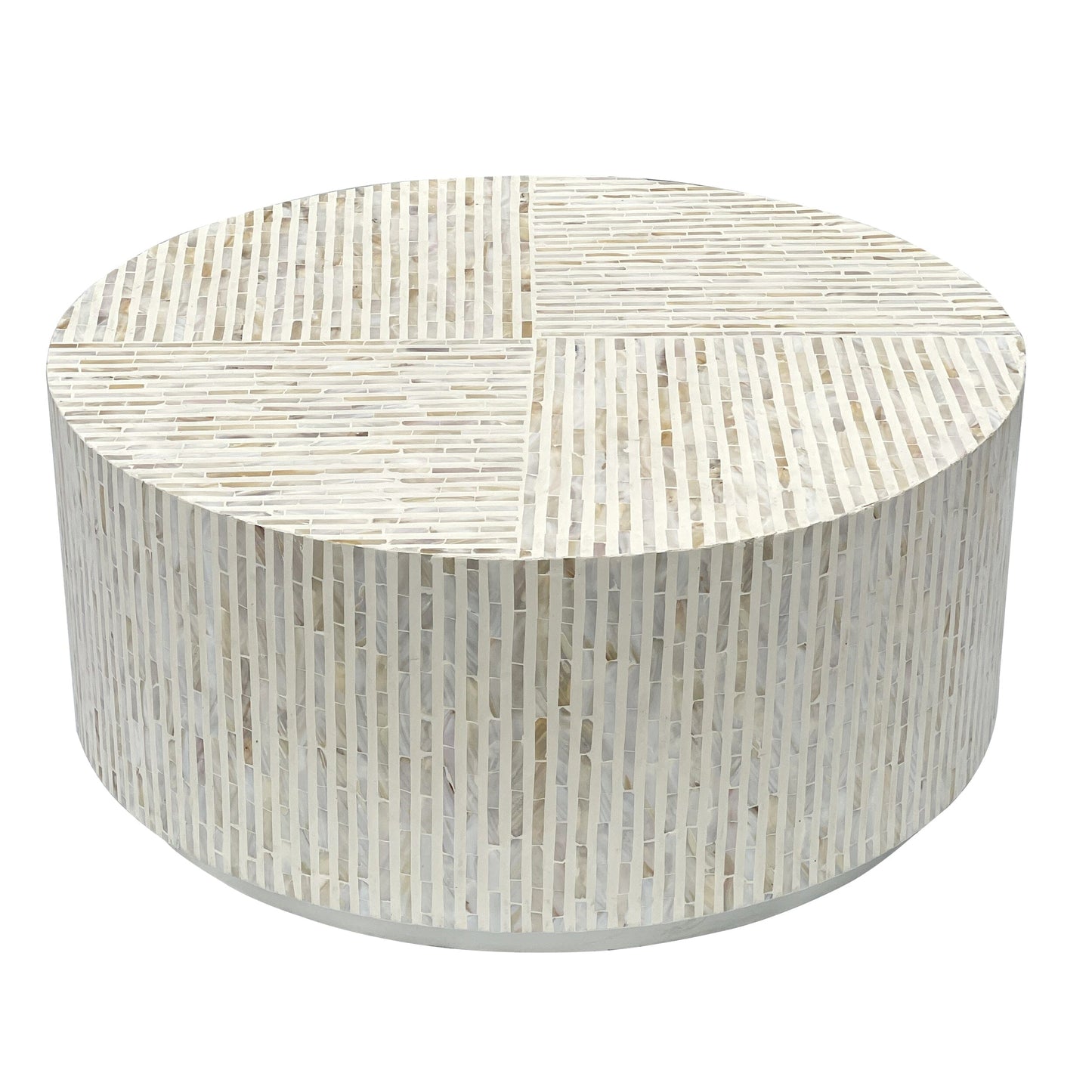 Round coffee table with a striped pattern on a white background