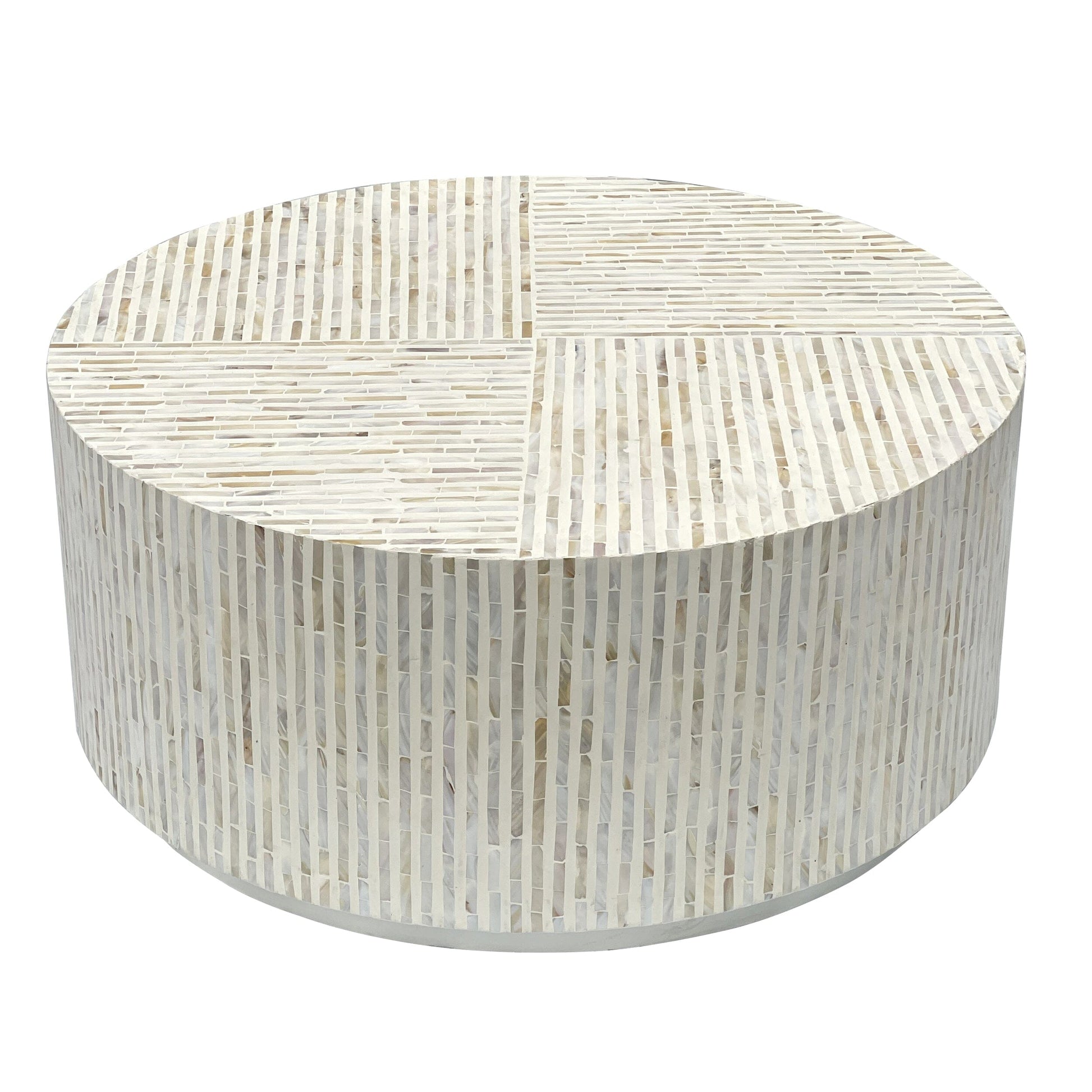 Round coffee table with a striped pattern on a white background