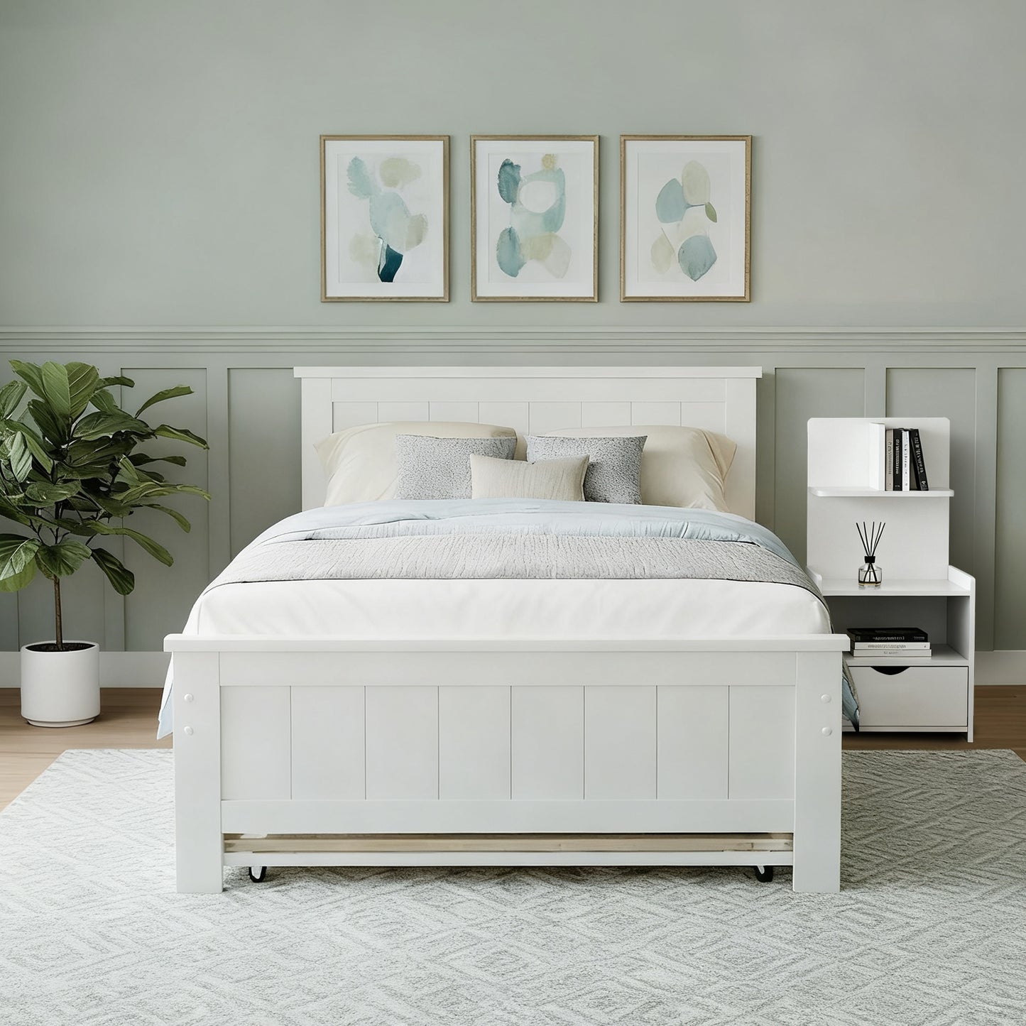 King Single Bed Frame with Trundle and White Bedside Table