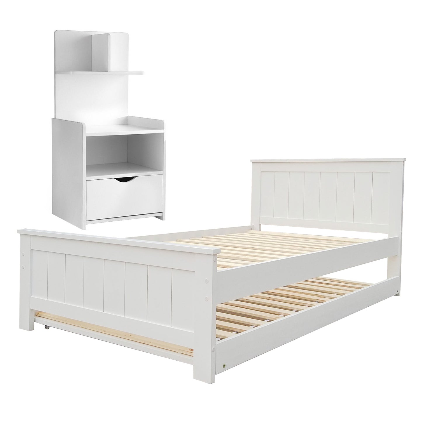 King Single Bed Frame with Trundle and White Bedside Table