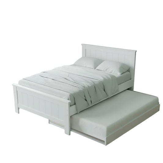 White wooden bed frame with pull-out trundle in a room setting.