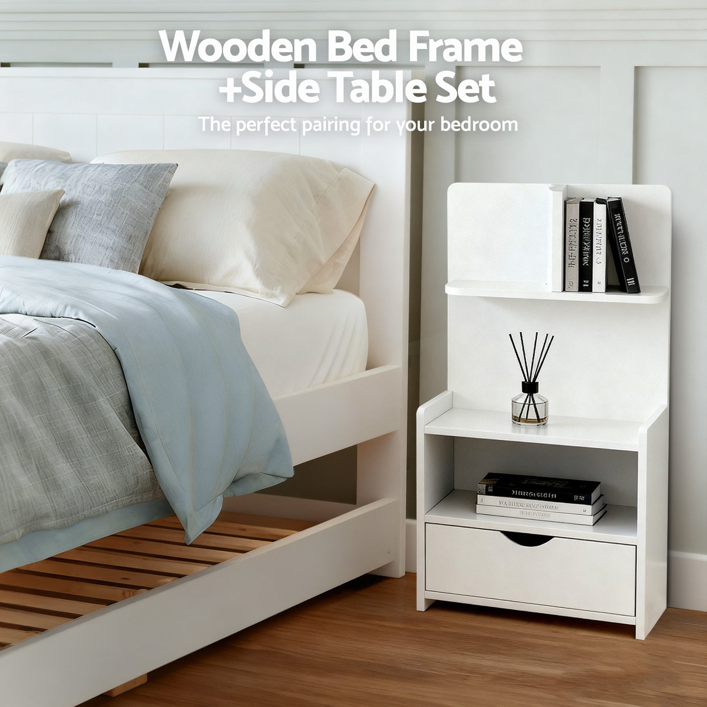 King Single Bed Frame with Trundle and White Bedside Table