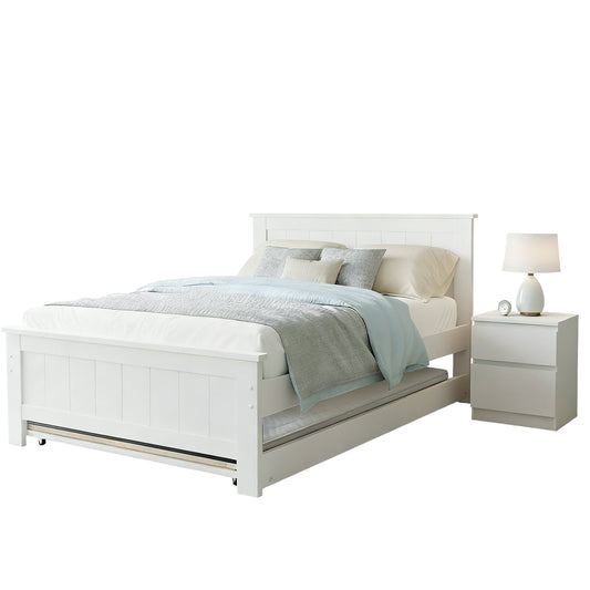 White bed with light blue bedding and gray pillows, accompanied by a matching nightstand with a lamp on a white background.