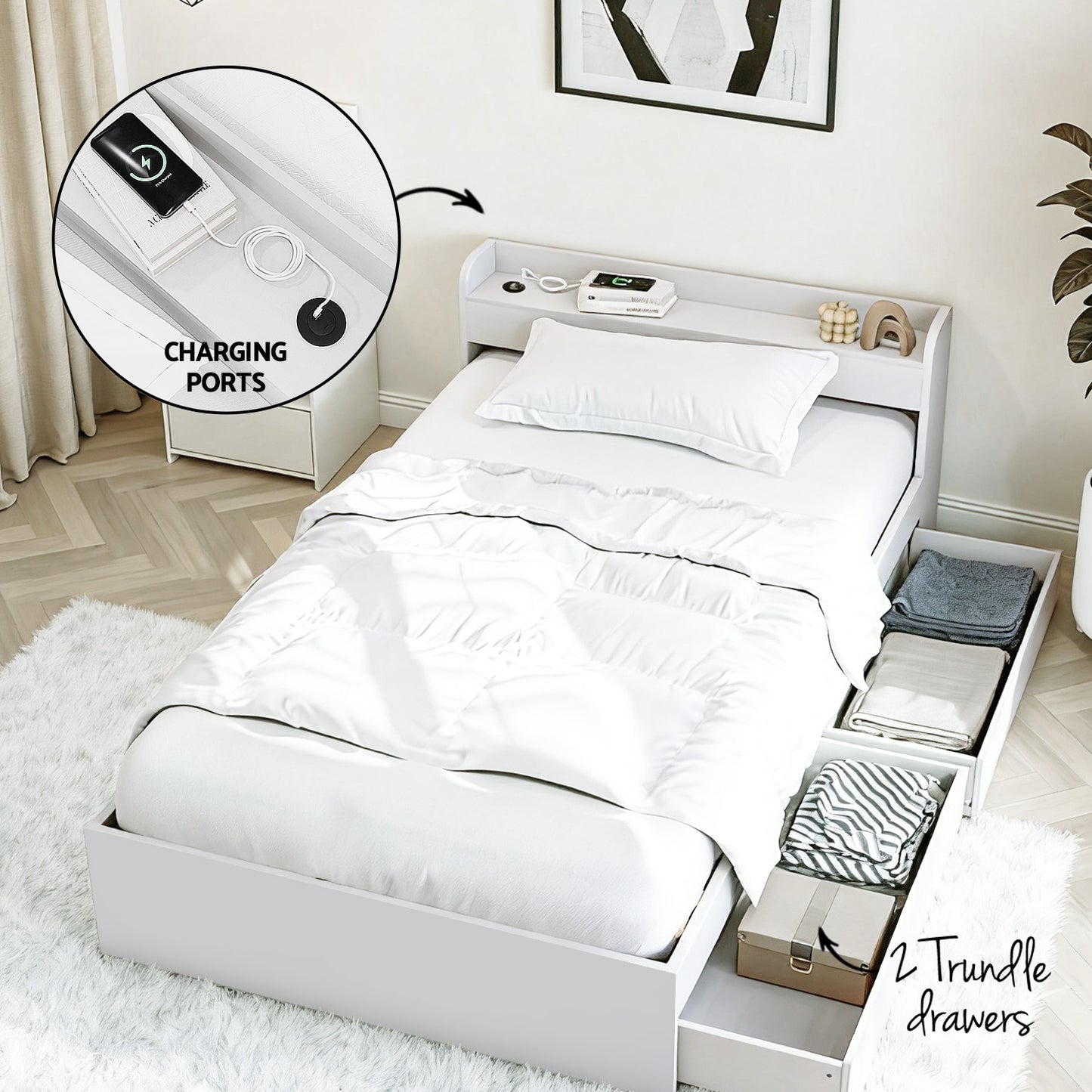 Aura Single Bed Frame with Charging Ports and Bedside Table