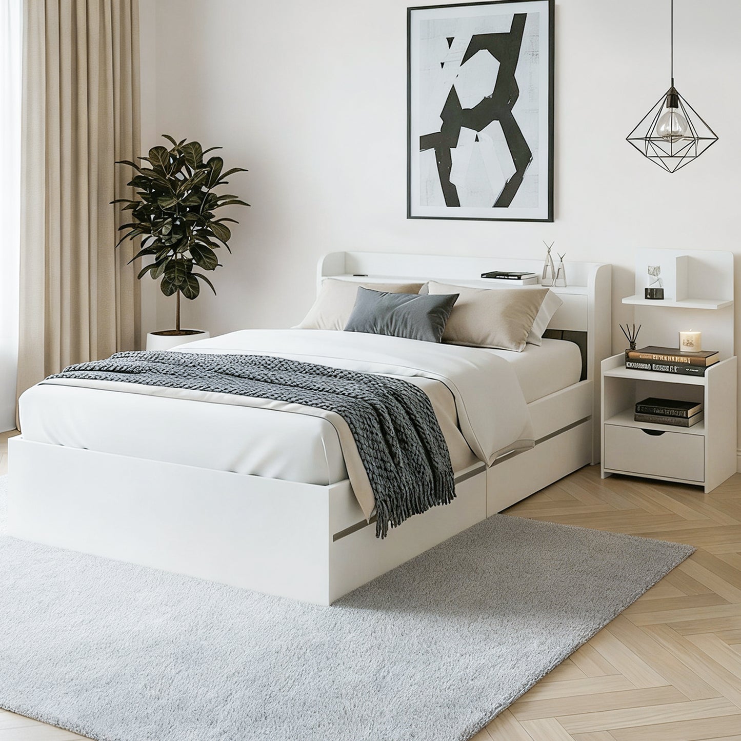 Aura Single Bed Frame with Charging Ports and Bedside Table