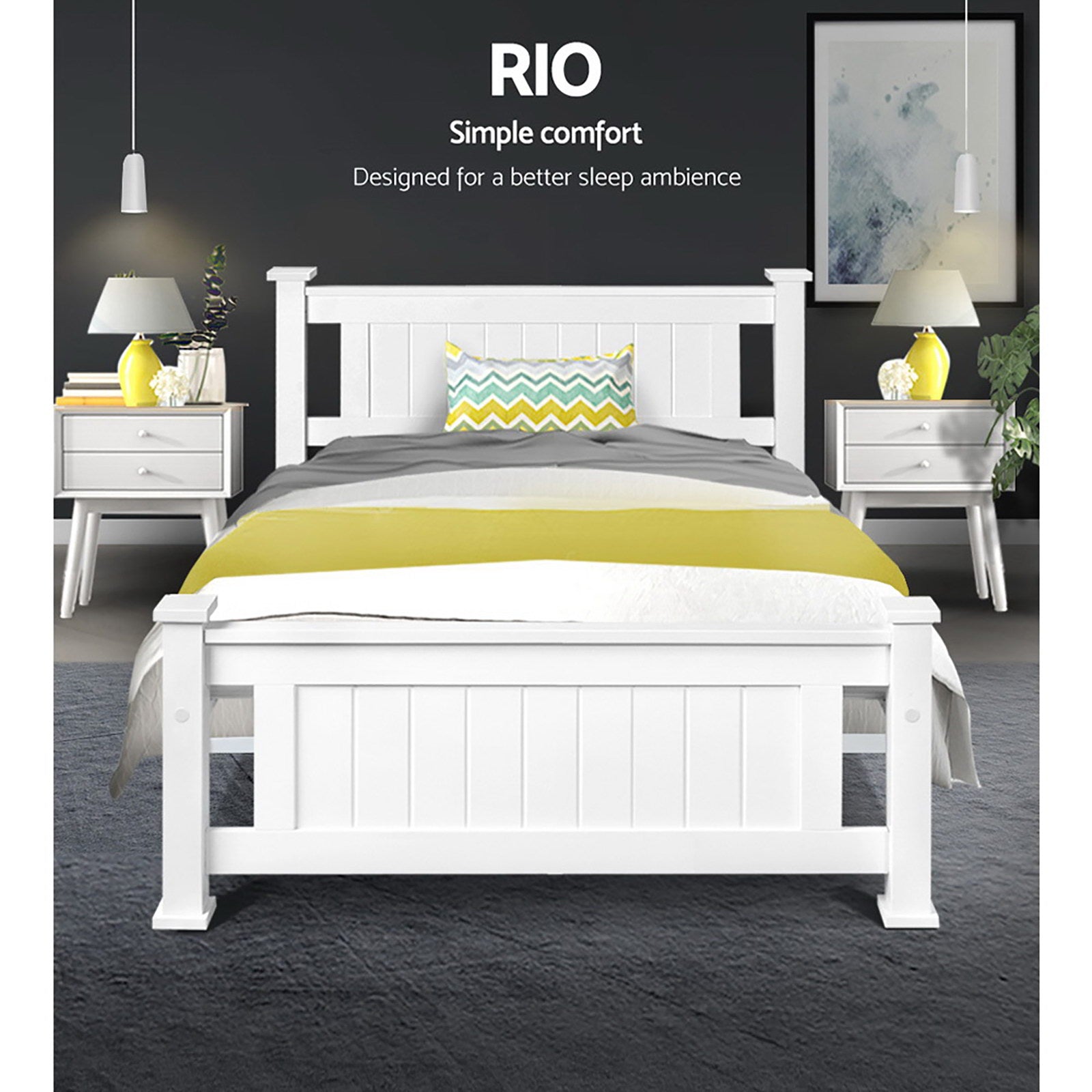 White bed with yellow and gray bedding in a bedroom setting, featuring the brand 'RIO'.