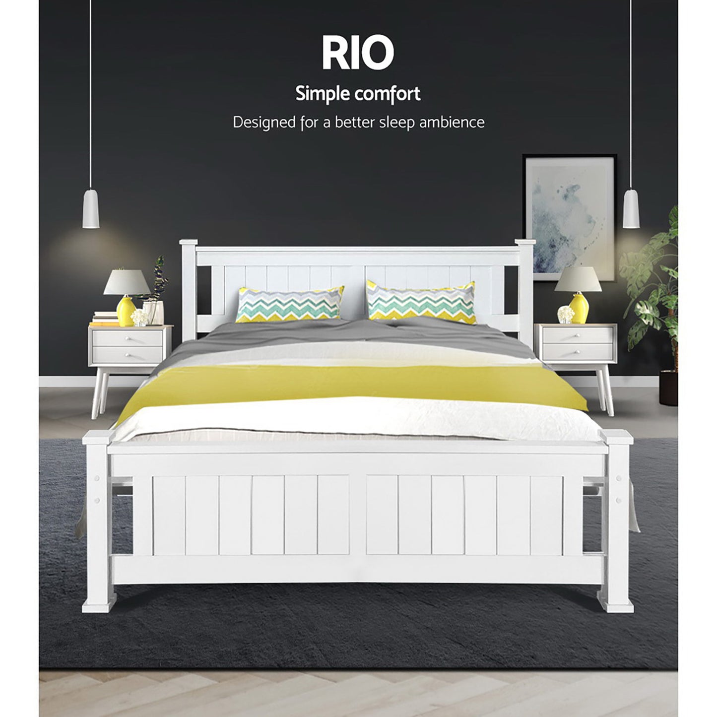 White bed with green and yellow bedding in a bedroom setting, featuring the brand 'RIO'.