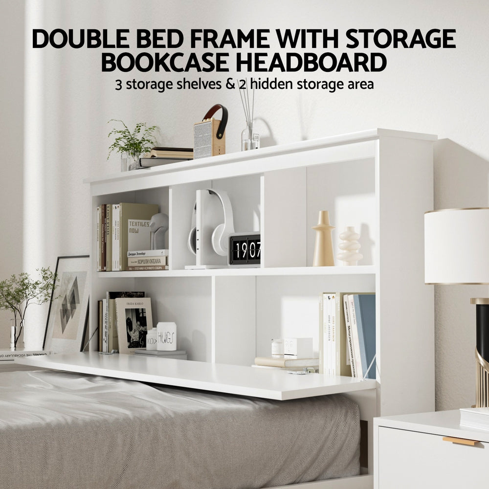 Conqueror Double Bed Frame with Shelves – White