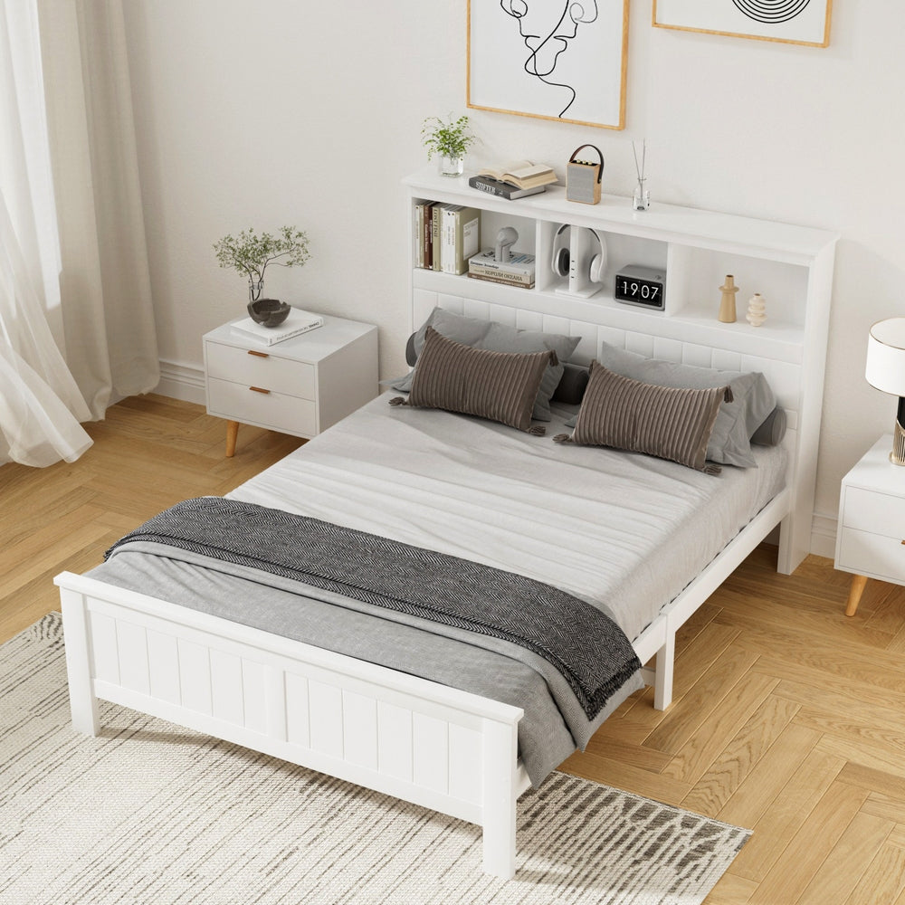 Conqueror Double Bed Frame with Shelves – White