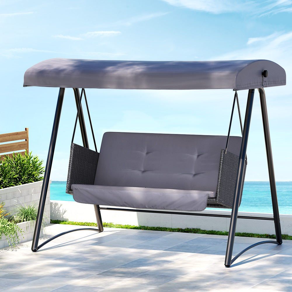 3 Seater Handwoven Rattan Canopy Swing Chair - Grey