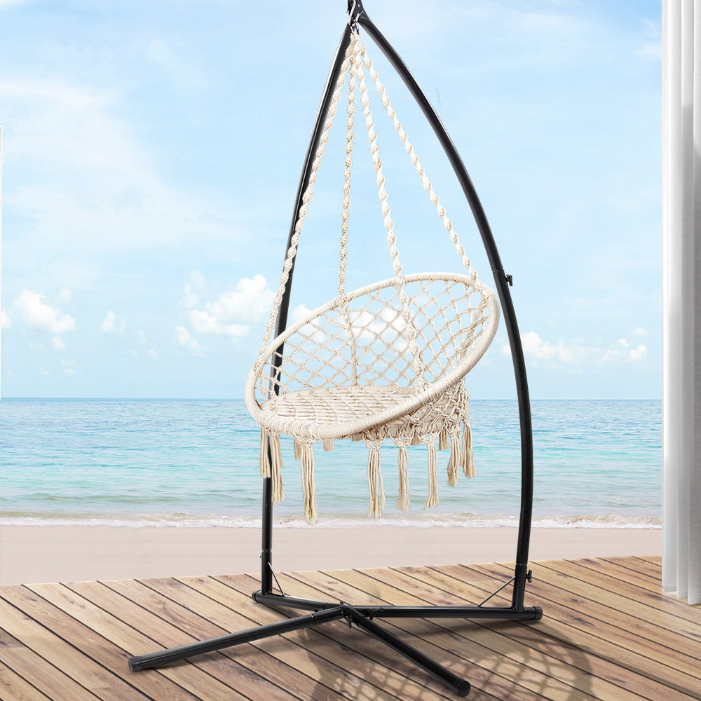 Cream Cotton Hanging Hammock Chair with Cross Base Stand 124CM Height