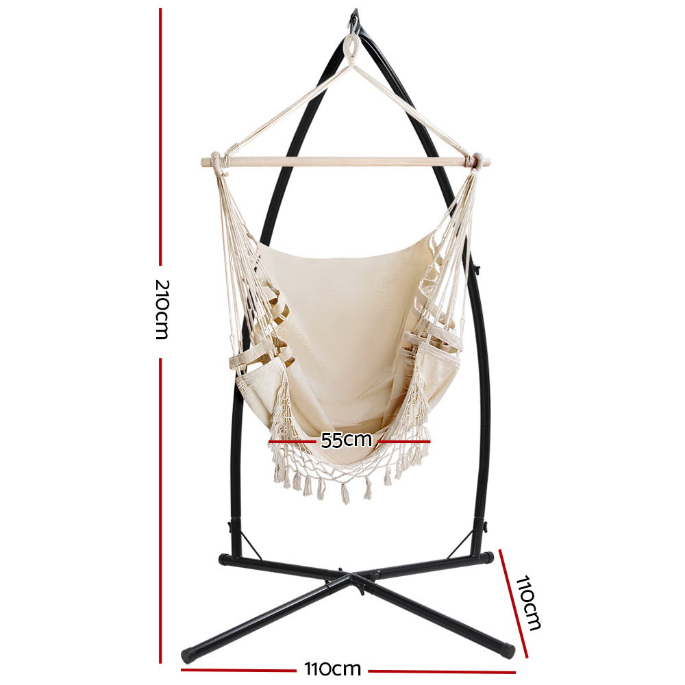 Tassel Hanging Rope Hammock Cream with Stand - 110cm x 110cm x 210cm