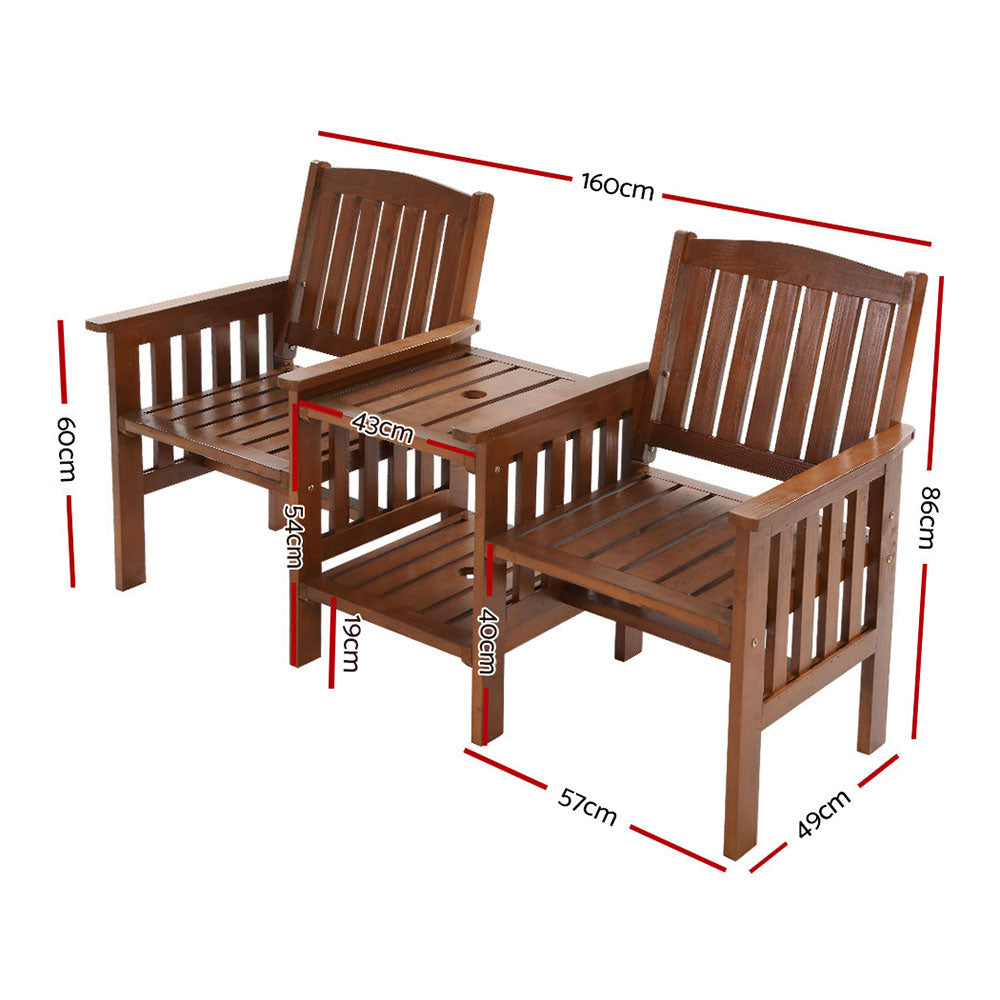 Outdoor Wooden Loveseat Garden Bench Chairs & Table  - Brown