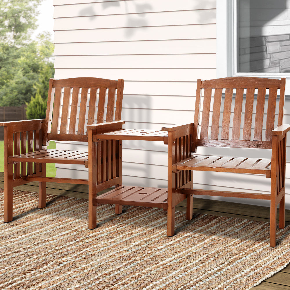 Outdoor Wooden Loveseat Garden Bench Chairs & Table  - Brown