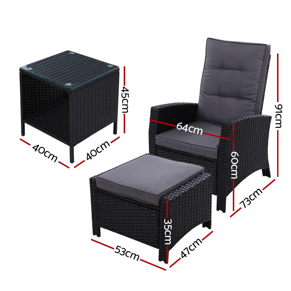Mauritius Outdoor 5PC Black Recliner Chairs Sun Lounge Set W/Hollow Side Table