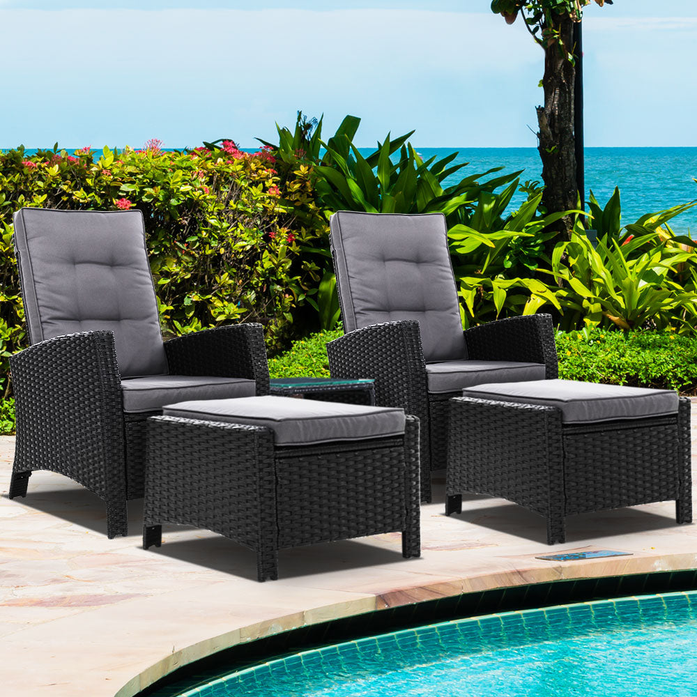 Mauritius Outdoor 5PC Black Recliner Chairs Sun Lounge Set W/Hollow Side Table