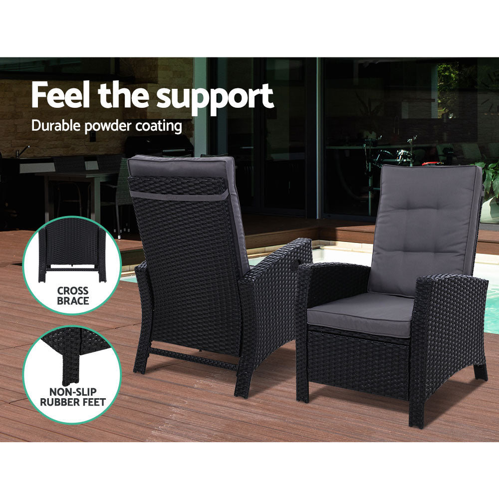 Mauritius Outdoor 5PC Black Recliner Chairs Sun Lounge Set W/Hollow Side Table