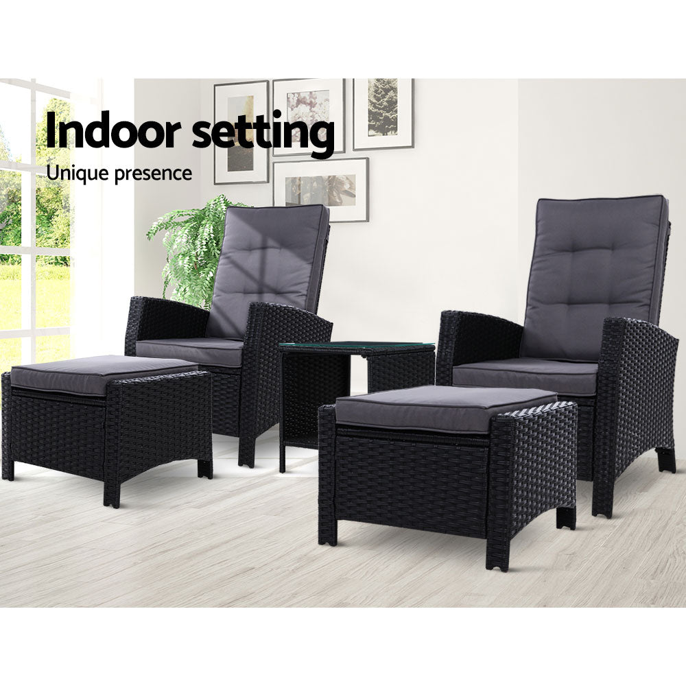 Mauritius Outdoor 5PC Black Recliner Chairs Sun Lounge Set W/Hollow Side Table